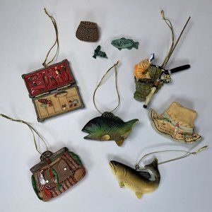 7 Vintage Fisher Man Fish Ornaments Fishing Pole Bass Bait Lures Hat Basket